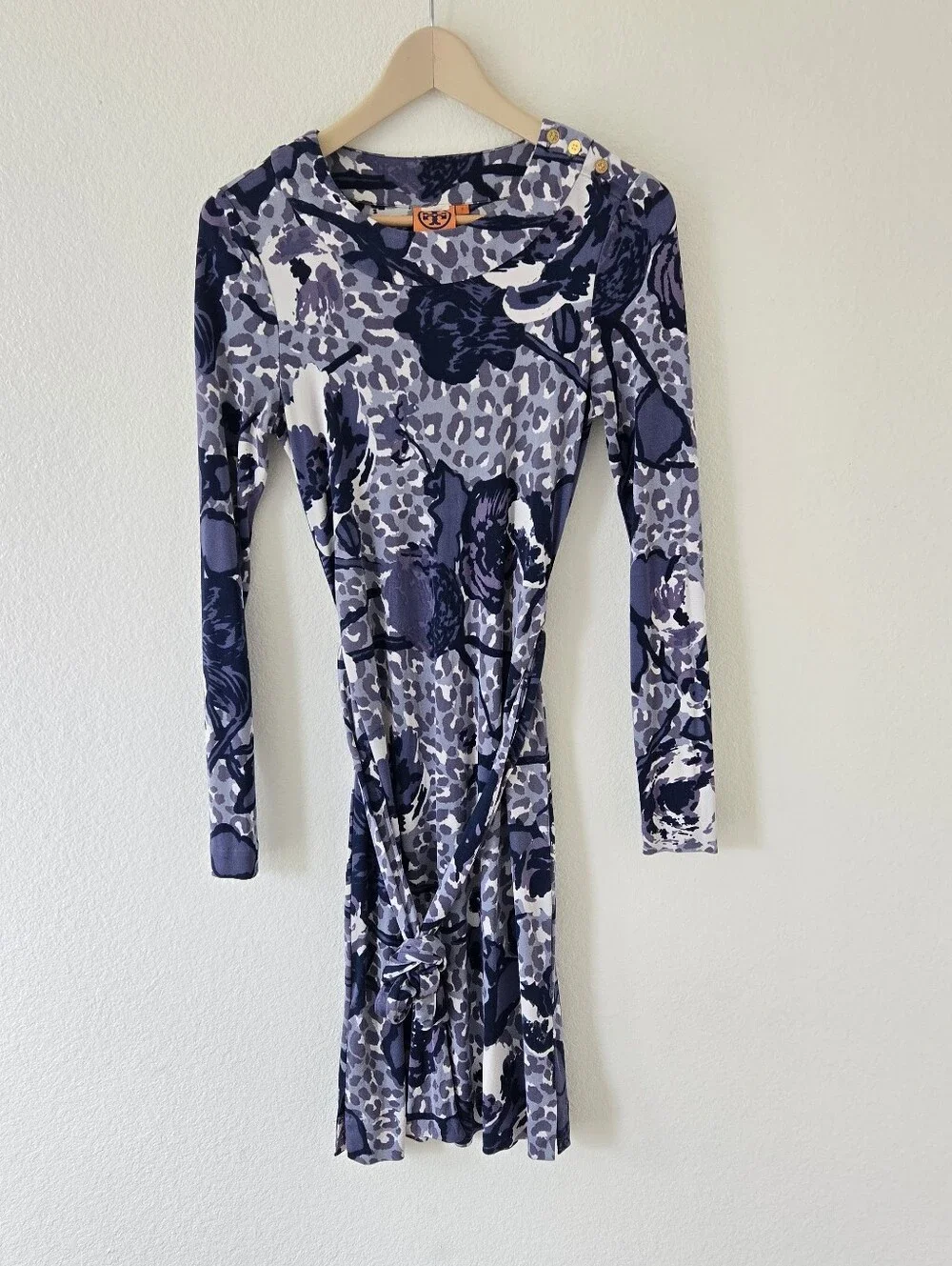 Tory Burch Silk Jersey Belted Midi Dress Small Logo Buttons Floral Leopard Print